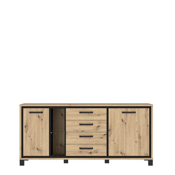 FORTE Trondheim Kommode mit 2 Türen und 4 Schubladen, Holzwerkstoff, Artisan Eiche kombiniert mit Schwarz Eiche,74,7 x 81,3 x 177,4 cm