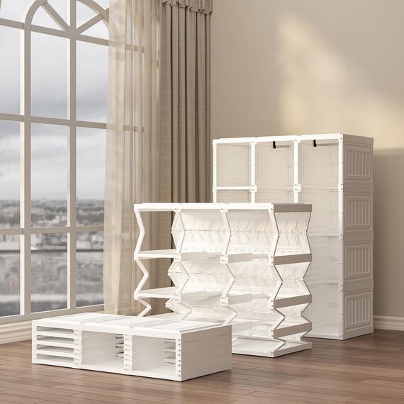 Dripex Kleiderschrank, Schrank 104 x 136 x 50 cm (B x H x T), einfache Montage, Faltbarer Mehrzweckschrank mit Stange, magnetische Türen, für Wohnzimmer Schlafzimmer Weiß