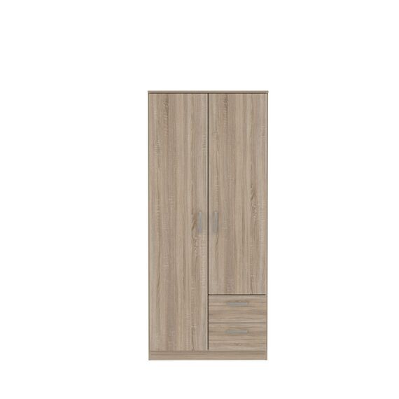 FORTE NIKO Schrank 80 85, Kleiderschrank klein, Flurschrank, Drehtürenschrank mit 2-türig, 2 Schubladen, Einlegeböden und Kleiderstange, Sonoma Eiche, 82 cm breit x 185 cm hoch x 53 cm tief
