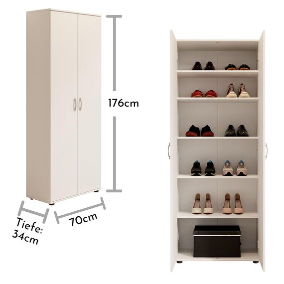 Stella Trading 3 Schuhschrank hoch, Weiß - Vielseitiger Mehrzweckschrank mit verstellbaren Einlegeböden - 70 x 176 x 35 cm (B/H/T)