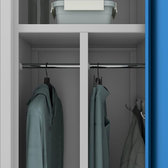 Jan Nowak Spind Schrank, Metallschrank, Kleiderschrank, Schließfachschrank | 2 Abteile mit Kleiderstange, Trennwände, Lüftungsschlitze, 4 Kleiderhaken pro Abteil | 180 cm x 80 cm x 50 cm, Grau-Blau