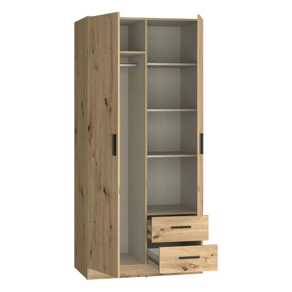 Forte Joakim Kleiderschrank 90, Skandi-Stil Schrank, 2-türig, 2 Schubladen, Einlegeböden, Kleiderstange, Holzwerkstoff, Artisan Eiche Holzdekor, 90,8 cm breit x 197 cm hoch x 54 cm tief
