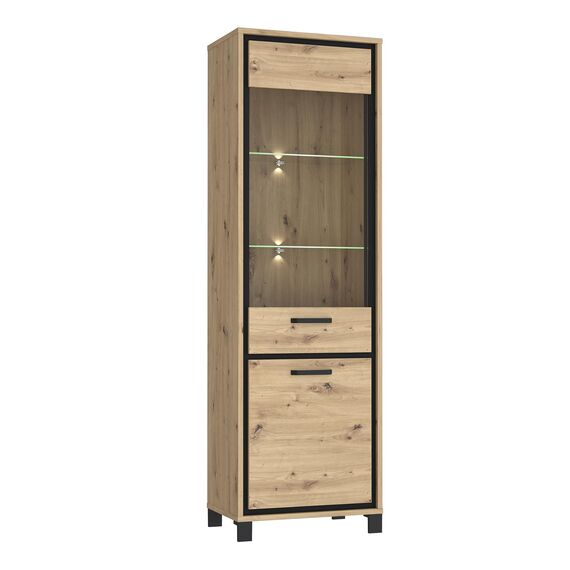 FORTE Trondheim Vitrine mit 2 Türen, Holzwerkstoff, Artisan Eiche kombiniert mit Schwarz Eiche, 64,4 x 209 x 41,5 cm