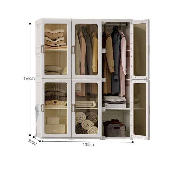 Dripex Kleiderschrank, Schrank 104 x 136 x 50 cm (B x H x T), einfache Montage, Faltbarer Mehrzweckschrank mit Stange, magnetische Türen, für Wohnzimmer Schlafzimmer Weiß
