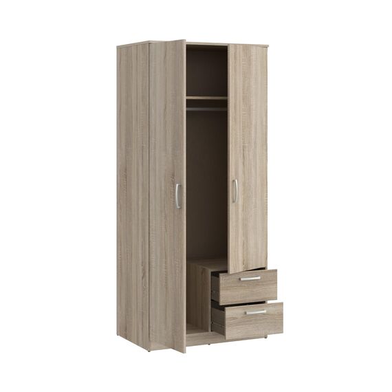 FORTE NIKO Schrank 80 85, Kleiderschrank klein, Flurschrank, Drehtürenschrank mit 2-türig, 2 Schubladen, Einlegeböden und Kleiderstange, Sonoma Eiche, 82 cm breit x 185 cm hoch x 53 cm tief