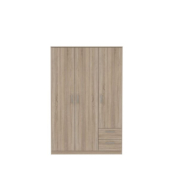 FORTE NIKO Schrank 120 130, Kleiderschrank, Drehtürenschrank Skandinavisch, 3-türig mit 2 Schubladen, Einlegeböden und Kleiderstange, Sonoma Eiche, 123 cm breit x 185 cm hoch x 53 cm tief