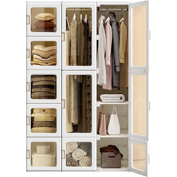 Dripex Kleiderschrank, Schrank 104 x 170 x 50 cm (B x H x T), einfache Montage, Faltbarer Mehrzweckschrank mit Stange, magnetische Türen, für Schlafzimmer Wohnzimmer Weiß