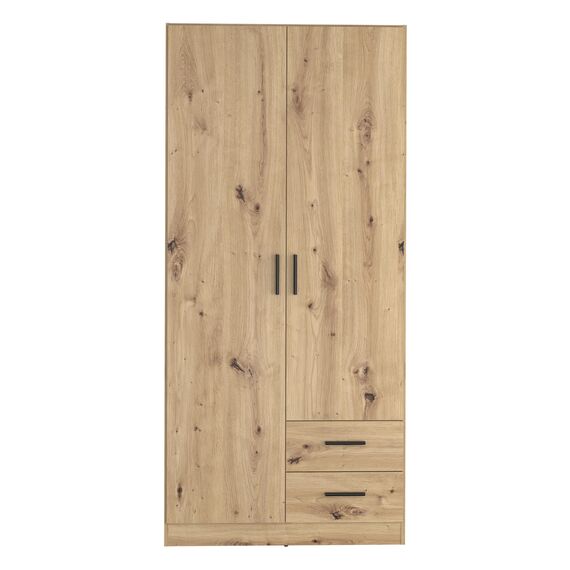 Forte Joakim Kleiderschrank 90, Skandi-Stil Schrank, 2-türig, 2 Schubladen, Einlegeböden, Kleiderstange, Holzwerkstoff, Artisan Eiche Holzdekor, 90,8 cm breit x 197 cm hoch x 54 cm tief