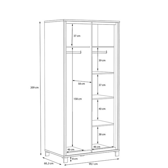 FORTE TRONDHEIM Schrank 100 210, Kleiderschrank klein Industrial, Drehtürenschrank, 2-türig mit Einlegeböden und Kleiderstange, Artisan Eiche / Schwarz Eiche, 99 cm breit x 209 cm hoch x 60 cm tief
