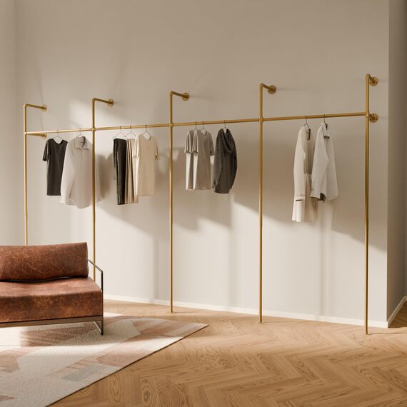 pamo Kleiderstange Wandmontage 392 x 222 cm - Begehbarer Kleiderschrank offen Kleiderständer industrial gold aus Metall Wasserrohren - 440 kg Traglast