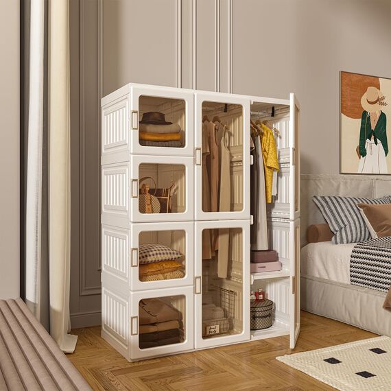 Dripex Kleiderschrank, Schrank 104 x 136 x 50 cm (B x H x T), einfache Montage, Faltbarer Mehrzweckschrank mit Stange, magnetische Türen, für Wohnzimmer Schlafzimmer Weiß