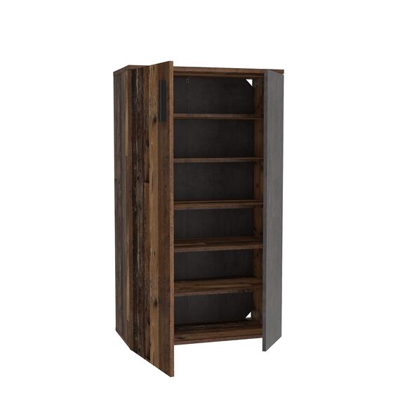 Forte Boots Schuhschrank klein mit 2 Türen, Holzwerkstoff, Old Wood Vintage Dekor + Betonoptik Dunkel, 68.90 x 34.79 x 120,41 cm