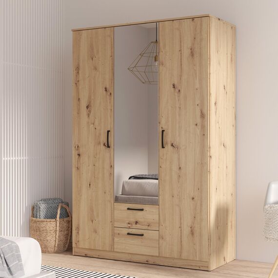 Forte NIKO Kleiderschrank 120 130, moderner Schrank 2-türig, Schlafzimmer, Jugendzimmer, Kinderzimmer, Holzwerkstoff, Artisan Eiche Holzdekor mit Spiegel, 122 cm breit x 185 cm hoch x 52,7 cm tief