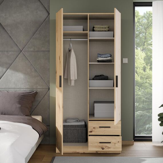 Forte Joakim Kleiderschrank 90, Skandi-Stil Schrank, 2-türig, 2 Schubladen, Einlegeböden, Kleiderstange, Holzwerkstoff, Artisan Eiche Holzdekor, 90,8 cm breit x 197 cm hoch x 54 cm tief