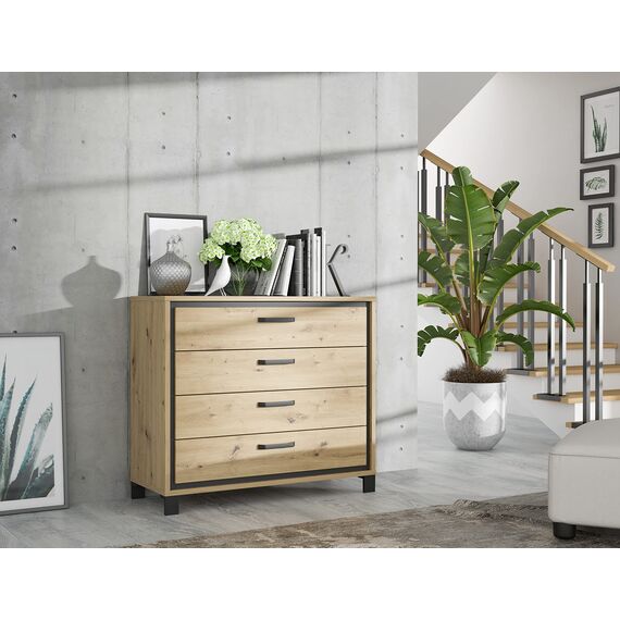 FORTE TRONDHEIM Kommode mit 4 Schubladen, Holzwerkstoff, Artisan Eiche / Schwarzeiche, 104.7 x 81.3 x 41.5 cm