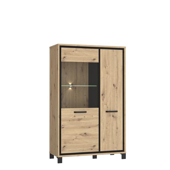 FORTE Trondheim Highboardvitrine mit 1 Tür und 1 Glastür, Holzwerkstoff, Artisan Eiche kombiniert mit Schwarz Eiche, 101,4 x 161 x 41,5 cm
