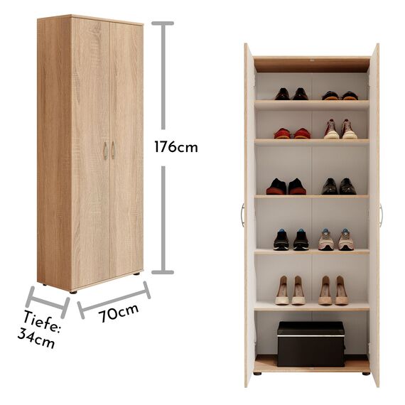 Stella Trading TALENT 3 Schuhschrank hoch, Eiche Sonoma Optik - Vielseitiger Mehrzweckschrank mit verstellbaren Einlegeböden - 70 x 176 x 35 cm (B/H/T)