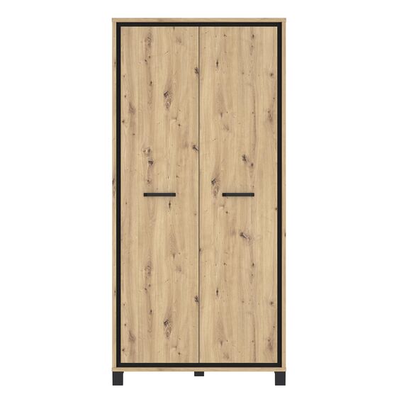 FORTE TRONDHEIM Schrank 100 210, Kleiderschrank klein Industrial, Drehtürenschrank, 2-türig mit Einlegeböden und Kleiderstange, Artisan Eiche / Schwarz Eiche, 99 cm breit x 209 cm hoch x 60 cm tief