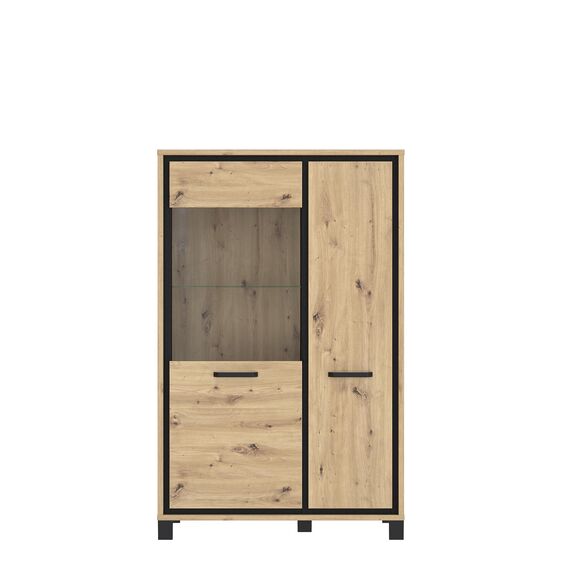 FORTE Trondheim Highboardvitrine mit 1 Tür und 1 Glastür, Holzwerkstoff, Artisan Eiche kombiniert mit Schwarz Eiche, 101,4 x 161 x 41,5 cm