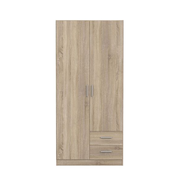 FORTE JOAKIM Schrank 90 200, Kleiderschrank klein, modernes Design Drehtürenschrank mit 2 Schubladen, Einlegeböden und Kleiderstange, Sonoma Eiche, 91 cm breit x 197 cm hoch x 54 cm tief