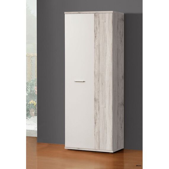 FORTE NET106 Schrank 70 180, Mehrzweckschrank klein, Staubsaugerschrank, Abstellraum, Drehtürenschrank, 2-türig mit Einlegeböden, Weiß mit Holzdekor: Sandeiche, 69 cm breit x 179 cm hoch x 35 cm tief