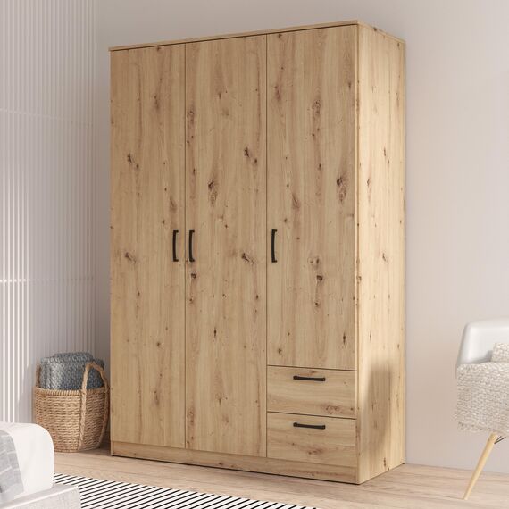 FORTE NIKO Kleiderschrank 122, Schrank im Scandi-Stil mit 3 Türen und 2 Schubladen, Holzwerkstoff, Artisan Eiche Dekor, 122 cm breit, 185 cm hoch, 52,7 cm tief