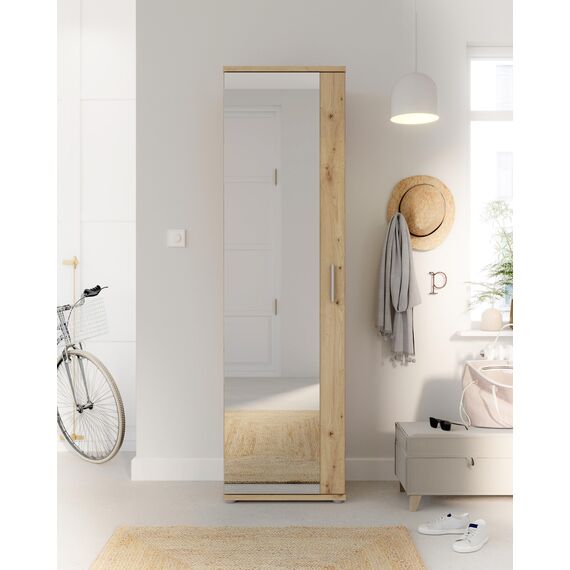 FORTE NET106 Schrank 50, Schuhschrank, Garderobenschrank, Abstellraum, Drehtürenschrank, 1-türig mit Einlegeböden, Spiegel, Holzdekor: Artisan Eiche, 50 cm breit x 180 cm hoch x 35 cm tief