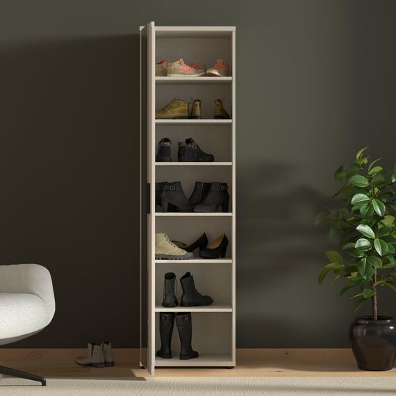 Forte NET106 Schuhschrank 50, moderner Flurschrank, 1-türig, 6 Einlegeböden, Flur, Diele, Abstellraum, Holzwerkstoff, Kaschmir|Beige, 50,2 cm breit x 179,1 cm hoch x 34,8 cm tief