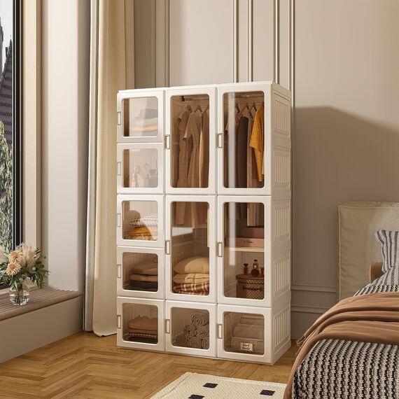 Dripex Kleiderschrank, Schrank 104 x 170 x 50 cm (B x H x T), einfache Montage, Faltbarer Mehrzweckschrank mit Stange, magnetische Türen, für Schlafzimmer Wohnzimmer Weiß