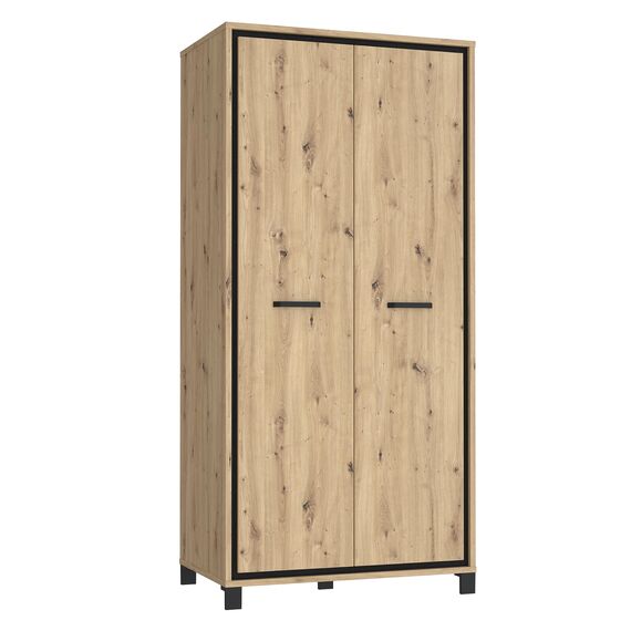 FORTE TRONDHEIM Schrank 100 210, Kleiderschrank klein Industrial, Drehtürenschrank, 2-türig mit Einlegeböden und Kleiderstange, Artisan Eiche / Schwarz Eiche, 99 cm breit x 209 cm hoch x 60 cm tief