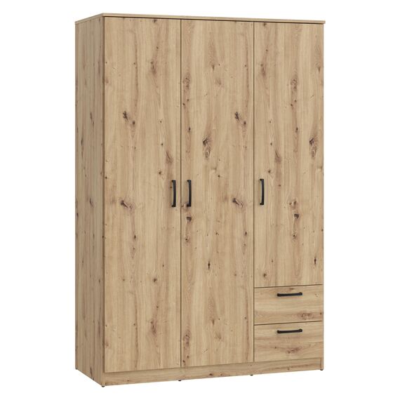 FORTE NIKO Kleiderschrank 122, Schrank im Scandi-Stil mit 3 Türen und 2 Schubladen, Holzwerkstoff, Artisan Eiche Dekor, 122 cm breit, 185 cm hoch, 52,7 cm tief