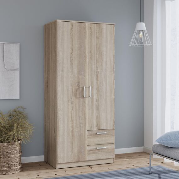 FORTE NIKO Schrank 80 85, Kleiderschrank klein, Flurschrank, Drehtürenschrank mit 2-türig, 2 Schubladen, Einlegeböden und Kleiderstange, Sonoma Eiche, 82 cm breit x 185 cm hoch x 53 cm tief