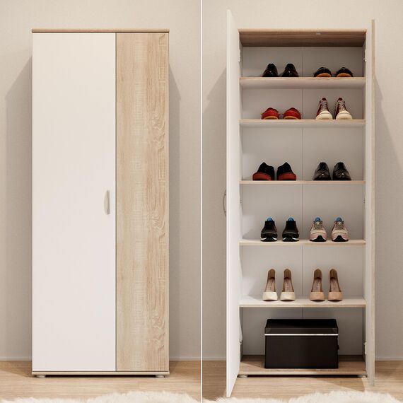 TALENT 3 Schuhschrank hoch, Eiche Sonoma Optik / Weiß - Vielseitiger Mehrzweckschrank mit verstellbaren Einlegeböden - 70 x 176 x 35 cm (B/H/T)