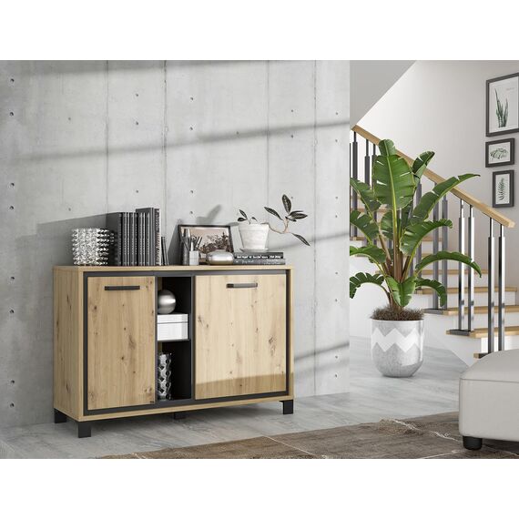 FORTE Trondheim Kommode mit 2 Türen, Holzwerkstoff, Artisan Eiche kombiniert mit Schwarz Eiche, 46,6 x 81,3 x 120,4 cm