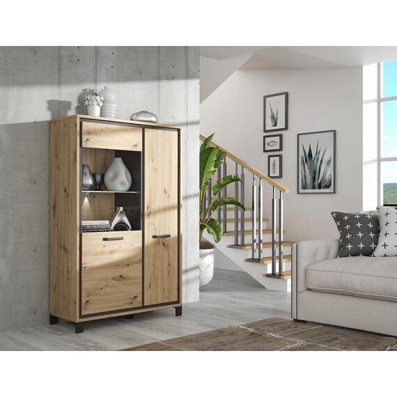 FORTE Trondheim Highboardvitrine mit 1 Tür und 1 Glastür, Holzwerkstoff, Artisan Eiche kombiniert mit Schwarz Eiche, 101,4 x 161 x 41,5 cm