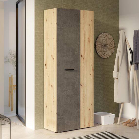 FORTE NET106 Schrank 70 180, Mehrzweckschrank, Staubsaugerschrank, Abstellraum, Drehtürenschrank, 2-türig mit Einlegeböden, Beton-/Holzdekor Artisaneiche, 68,7 cm breit x 181,1 cm hoch x 36,5 cm tief