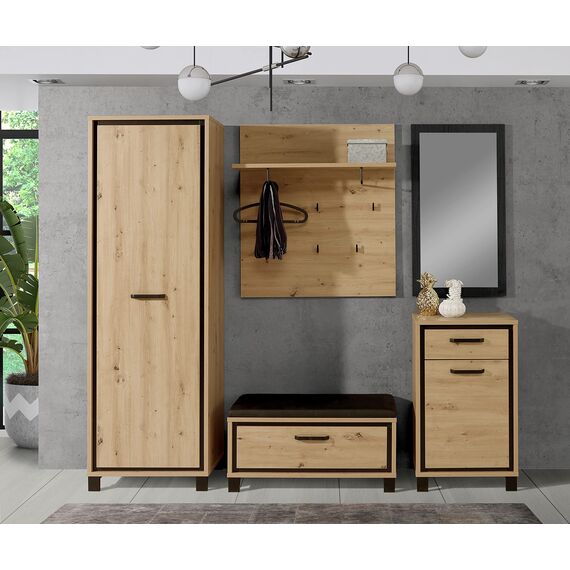 FORTE TRONDHEIM Bank mit 1 Schublade und gepolstertem Sitz, Holzwerkstoff, Artisan Eiche / Schwarzeiche, 89.1 x 44.7 x 41.5 cm