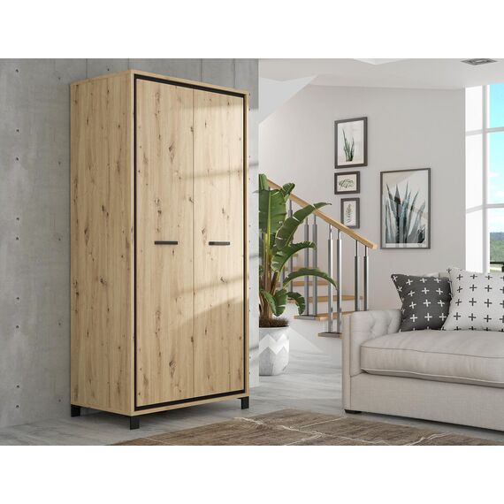 FORTE TRONDHEIM Schrank 100 210, Kleiderschrank klein Industrial, Drehtürenschrank, 2-türig mit Einlegeböden und Kleiderstange, Artisan Eiche / Schwarz Eiche, 99 cm breit x 209 cm hoch x 60 cm tief