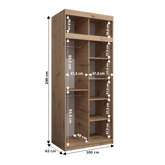 KRYSPOL Schwebetürenschrank Madryt 100 cm mit Spiegel Kleiderschrank mit Kleiderstange und Einlegeboden Schlafzimmer- Wohnzimmerschrank Schiebetüren Modern Design (Sonoma + Schwarz mit Erweiterung)