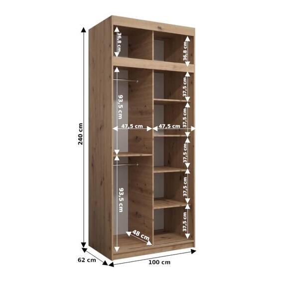 KRYSPOL Schwebetürenschrank Madryt 100 cm mit Spiegel Kleiderschrank mit Kleiderstange und Einlegeboden Schlafzimmer- Wohnzimmerschrank Schiebetüren Modern Design (Artisan Eiche mit Erweiterung)