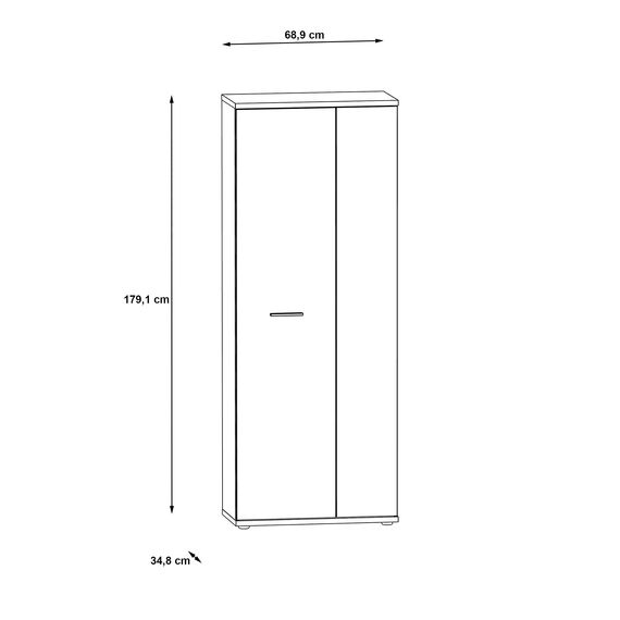 FORTE NET106 Schrank 70, Schuhschrank, Garderobenschrank, Abstellraum, Drehtürenschrank, 2-türig mit Einlegeböden, Weiß mit Holzdekor: Sonoma Eiche, 69 cm breit x 179 cm hoch x 35 cm tief