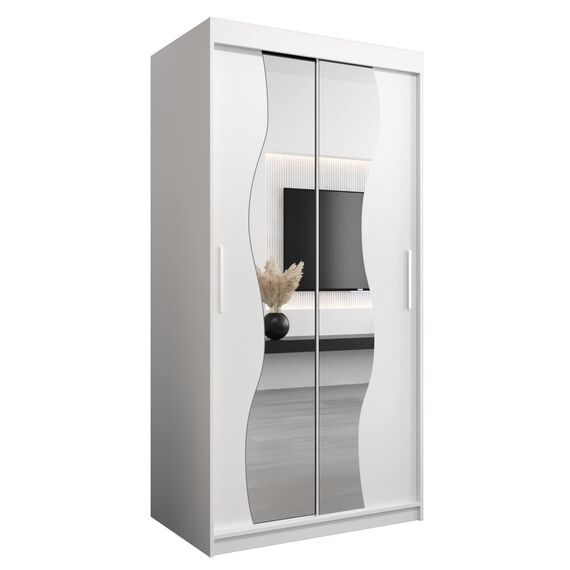 KRYSPOL Schwebetürenschrank Madryt 100 cm mit Spiegel Kleiderschrank mit Kleiderstange und Einlegeboden Schlafzimmer- Wohnzimmerschrank Schiebetüren Modern Design (Weiß)