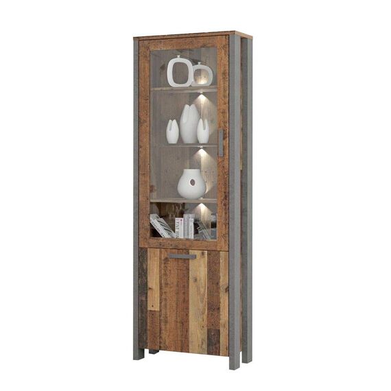 FORTE Clif Vitrine mit 1 Tür, 1 Glastür, Holzwerkstoff, Old – Wood Vintage/ Betonoptik Dunkelgrau, 62 x 204,7 x 41,6 cm