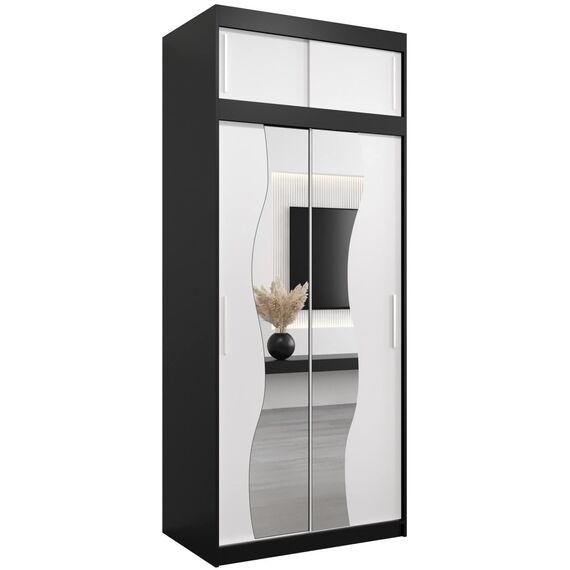 KRYSPOL Schwebetürenschrank Madryt 100 cm mit Spiegel Kleiderschrank mit Kleiderstange und Einlegeboden Schlafzimmer- Wohnzimmerschrank Schiebetüren Modern Design (Schwarz + Weiß mit Erweiterung)