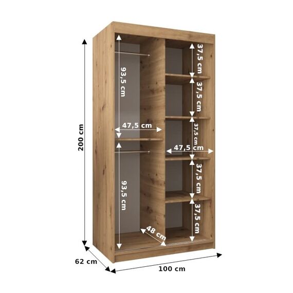 KRYSPOL Schwebetürenschrank Madryt 100 cm mit Spiegel Kleiderschrank mit Kleiderstange und Einlegeboden Schlafzimmer- Wohnzimmerschrank Schiebetüren Modern Design (Weiß + Artisan Eiche)