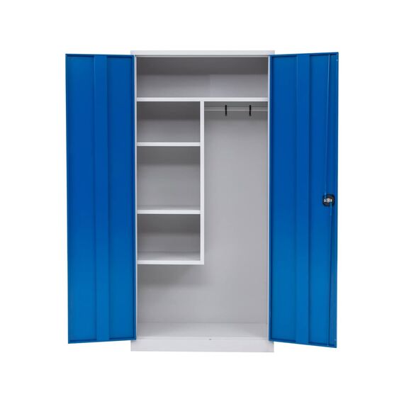 furni24 Metall Putzmittelschrank–Wäscheschrank aus Stahl mit blauen Türen Zweipunktverriegelung incl. 2 Schlüsseln Kleiderspind Stahl Lagerschrank Werkzeugschrank fertig montiert-Grau 92x195x42cm