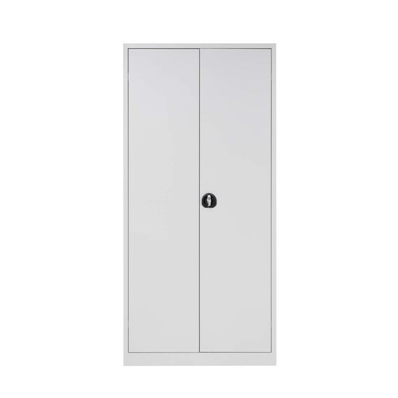 Furni24 Metall Putzmittelschrank – TÜV/GS - Wäscheschrank aus Stahl mit Türen, Zweipunktverriegelung incl. 2 Schlüsseln, Garderobenstange, großen Fächern, Hutablage, fertig montiert -Grau, 92x195x42cm