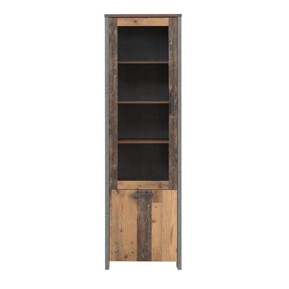 FORTE Clif Vitrine mit 1 Tür, 1 Glastür, Holzwerkstoff, Old – Wood Vintage/ Betonoptik Dunkelgrau, 62 x 204,7 x 41,6 cm