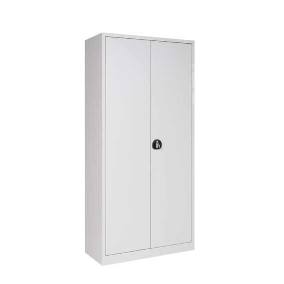 Furni24 Metall Putzmittelschrank – TÜV/GS - Wäscheschrank aus Stahl mit Türen, Zweipunktverriegelung incl. 2 Schlüsseln, Garderobenstange, großen Fächern, Hutablage, fertig montiert -Grau, 92x195x42cm
