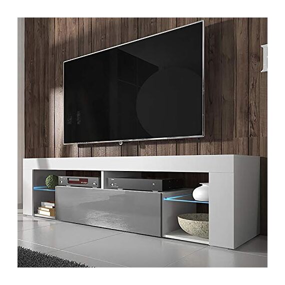 Selsey Bianko – TV Lowboard/TV Schrank, Weiß Matt/Grau Hochglanz, mit LED-Beleuchtung, 140 x 35 x 50,6 cm
